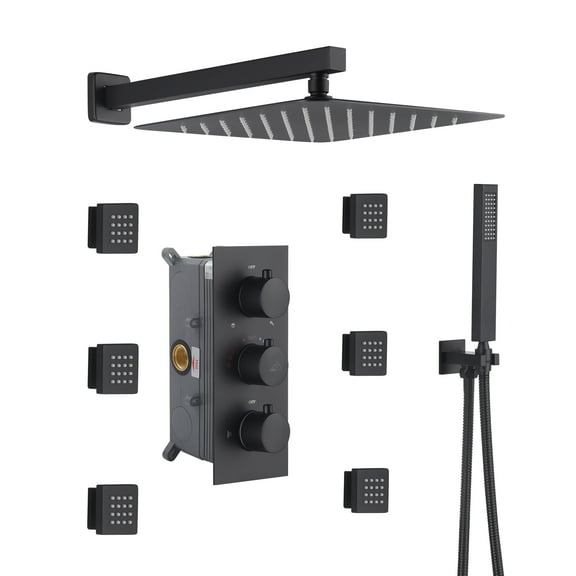 CASAINC 1-Spray Patterns with 2.5 12 in. Wall Mount Dual Shower Heads with Body Sprays in Matte Black