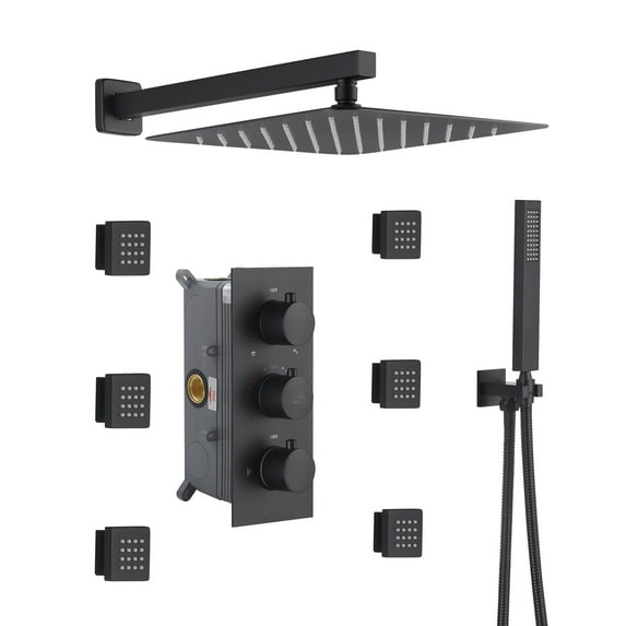 CASAINC 1-Spray Patterns with 2.5 12 in. Wall Mount Dual Shower Heads with Body Sprays in Matte Black