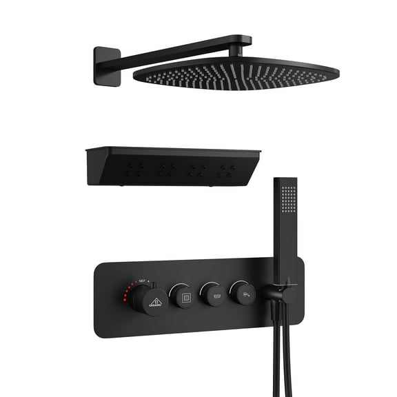 CASAINC 12 in. 3-Spray Square Shower Head 2.5 GPM Single-Handle Shower System with Body Spray in. Matte Black, Valve Included