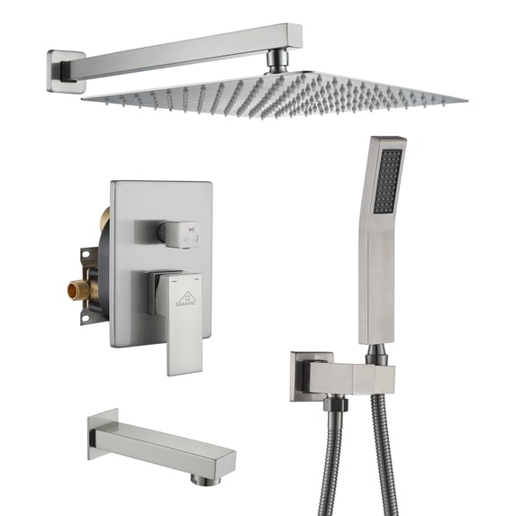 CASAINC 12 in.Wall-Mounted Square Shower System with Bathtub Faucet and Handheld Sprayer, Brushed Nickel