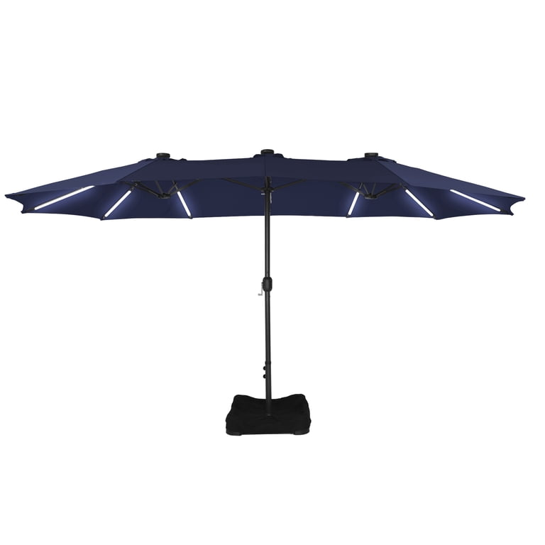 casainc patio umbrella CASAINC 15 ft. Iron Market Patio Umbrella with Base and Solar LED Strip  Lights in Navy Blue
