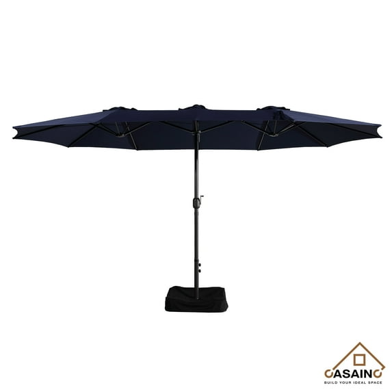 CASAINC 15 ft. Steel Market Patio Umbrella Double-Sided Twin Large Patio Umbrella with Base in Navy Blue