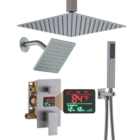 CASAINC 3 Function Digital Display Dual Shower Heads Single Handle 1-Spray Dual Shower Faucet 1.8 GPM with Pressure Balance Shower System in Brushed Nickel