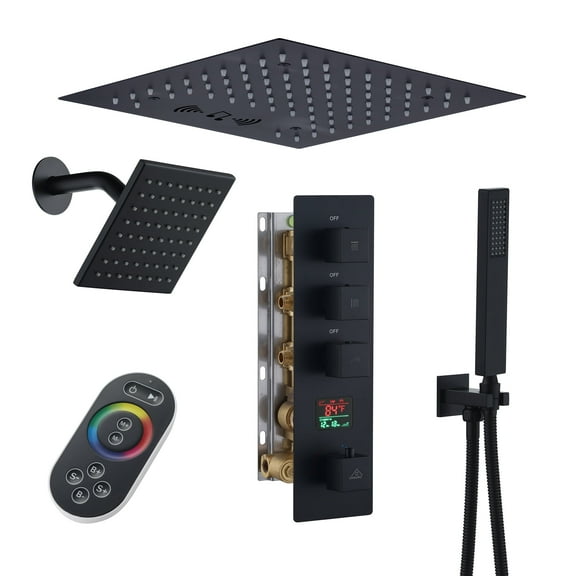 CASAINC 3 Function Dual Shower Heads 1-Spray Thermostatic Shower Faucet 1.8GPM with LED & Music Shower System in Matte Black