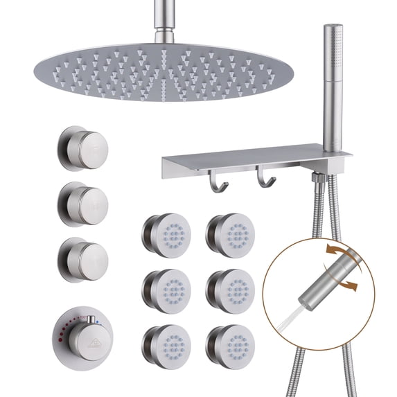 CASAINC 3 Functions Patterns 12 in. Round Shower Heads Ceiling Mounted Fixed Shower Faucet free combination main body 1.8 GPM in Brushed Nickel