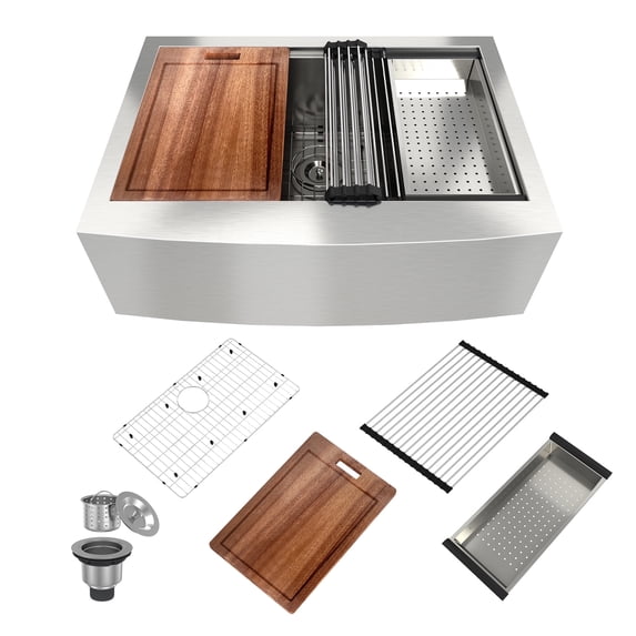 CASAINC 30 in. Farmhouse/Apron-Front Single Bowl 18 Gauge Brushed Stainless Steel Workstation Kitchen Sink with Accessories