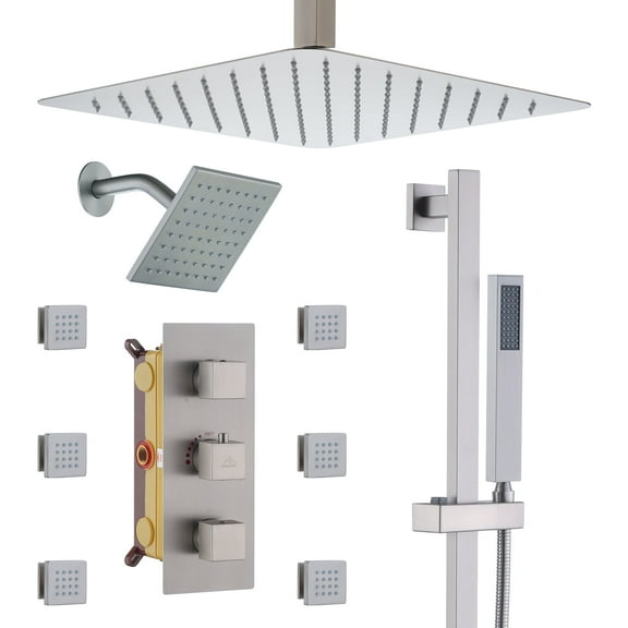CASAINC 16" Ceiling Mounted Square Shower System with Wall Mounted Square Shower Head, Handheld Sprayers, and Body Jets, Brushed Nickel