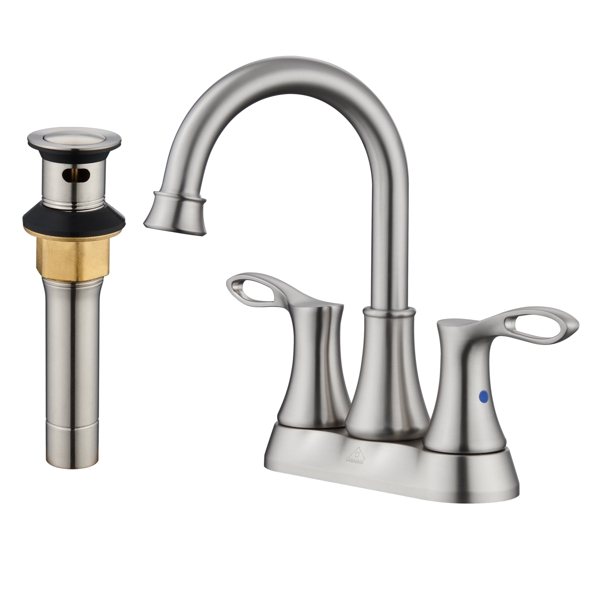 Brushed Nickel Dual Handle High Arc Bathroom Faucet with Metal Drain