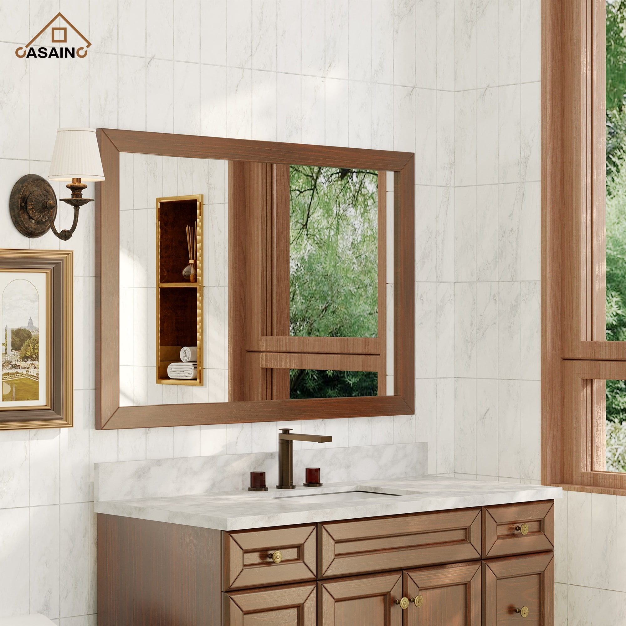 Large Brown Rectangular Wood Framed Vanity Mirror
