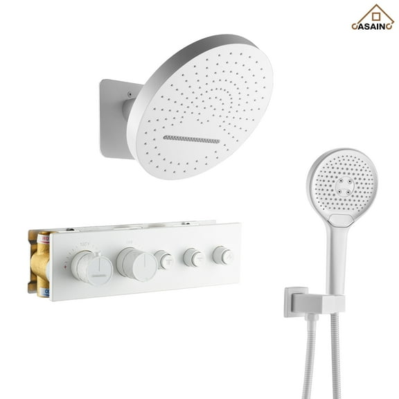 CASAINC 5-Spray Dual Shower Head 16 in. Round Wall Mount Fixed and Handheld Shower Head 2.5 Thermostatic in Matte White