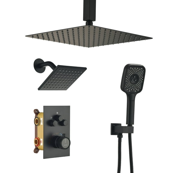 CASAINC 5-Spray Dual Shower Heads Ceiling Mount Fixed and Handheld Shower Head 2.5 in Matte Black 12 in. Thermostatic