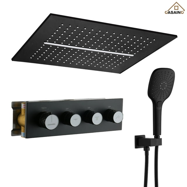CASAINC 5-Spray Patterns 16-inch Square Ceiling Mount Fixed and Handheld Shower Head 2.5 GPM Thermostatic in Matte Black