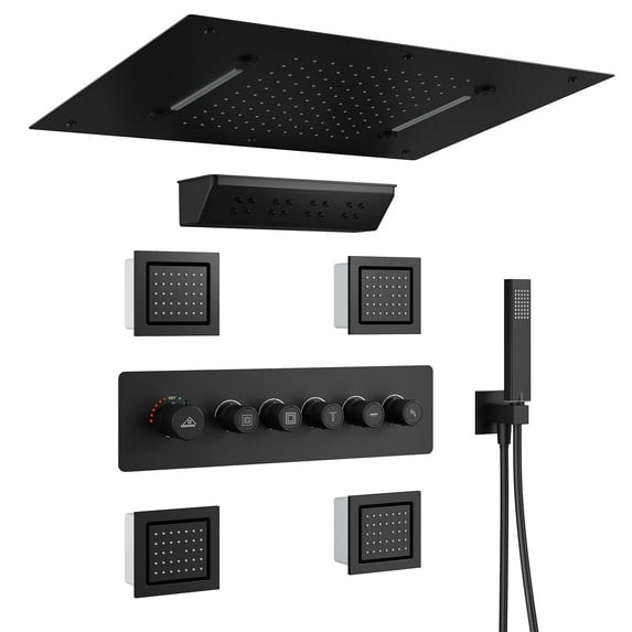 CASAINC 5-Spray Rectangular Shower Head 2.5 GPM with Body Spray in Matte Black, Valve Included