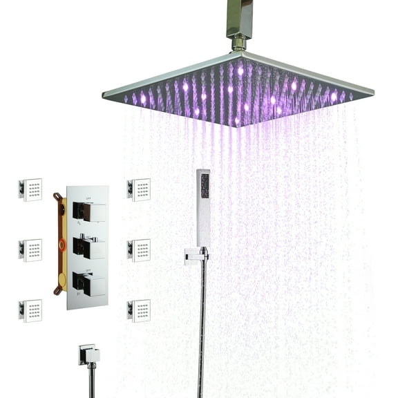 CASAINC 6-Spray 12 in. LED Light Thermostatic Dual Shower Heads Ceiling Mount Fixed and Handheld Shower Head 2.5 GPM in Chrome