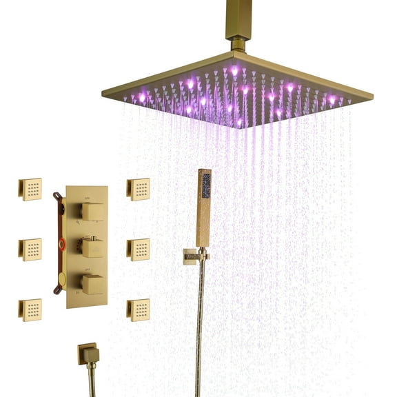 CASAINC 6-Spray 12 in. LED Thermostatic Dual Shower Heads Ceiling Mount Fixed and Handheld Shower Head 2.5 in Brushed Gold
