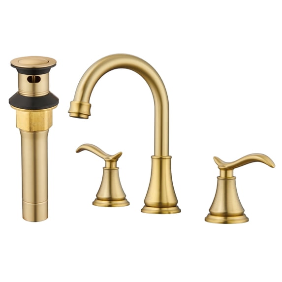 CASAINC 8 in. Widespread Double Handle Bathroom Sink Faucet with 360° Swivel Spout, Stainless Steel Drain Kit in Brushed Gold