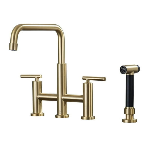 CASAINC Double Handle Bridge Kitchen Faucet with Pull Out Side Sprayer, Brushed Gold