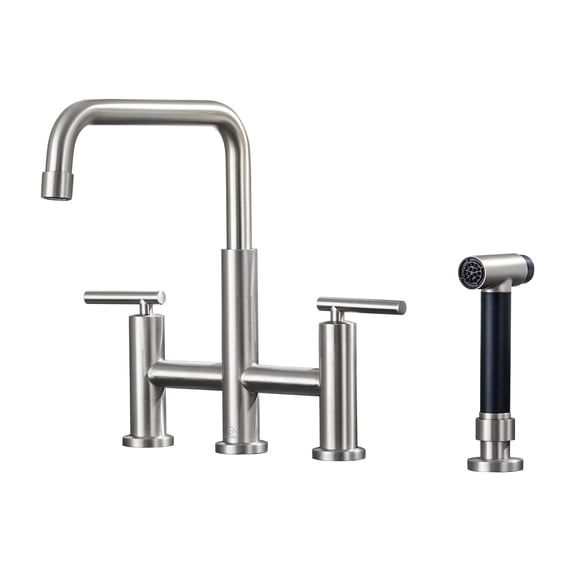 CASAINC Double Handle Bridge Kitchen Faucet with Pull Out Sprayer, Side Sprayer, Deck Mounted, Brushed Nickel
