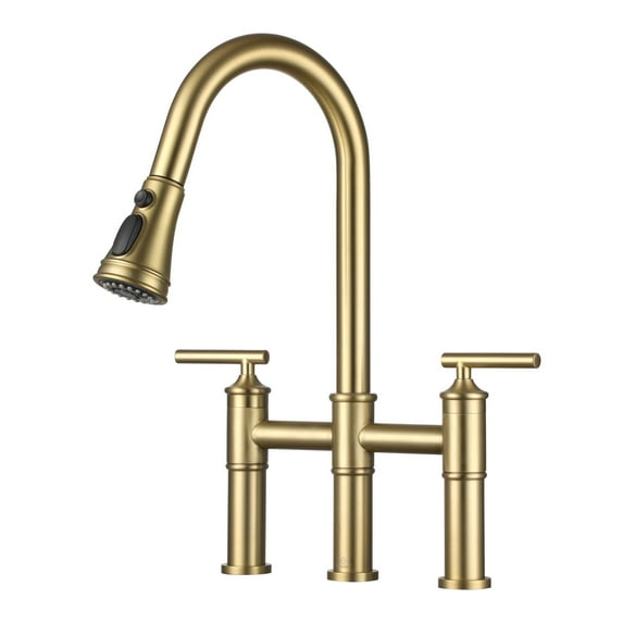 CASAINC Double Handle Bridge Kitchen Faucet with Pull Down Sprayer, Deck Mounted, Brushed Gold