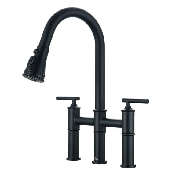 CASAINC Double Handle Bridge Kitchen Faucet with Pull Down Sprayer, Deck Mounted, Matte Black