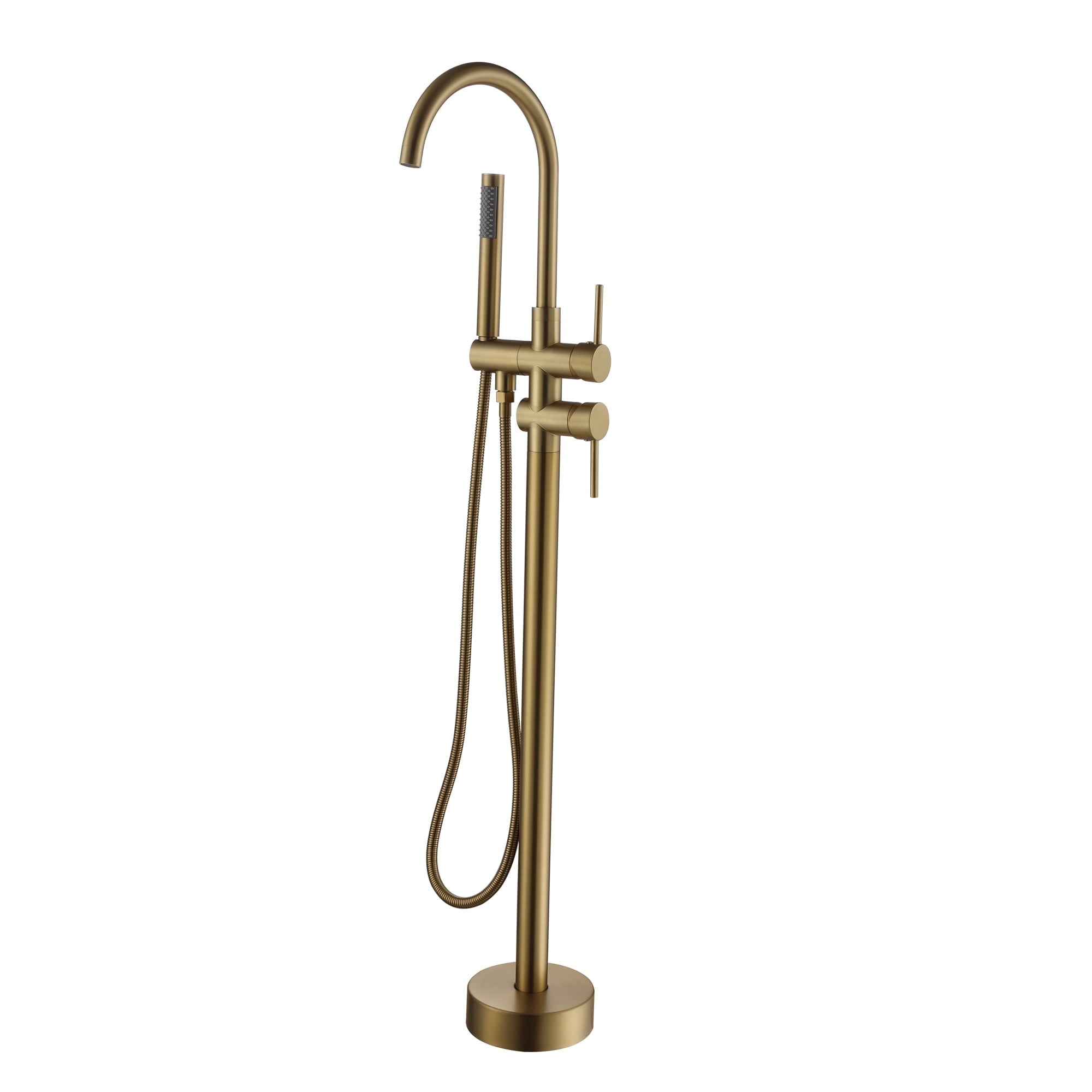 CASAINC Double-Handles Floor-Mount High Arch Tub Faucet High Flow Bathroom Tub Filler with Handshower in Brushed Brass