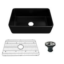 CASAINC 30" Fireclay Single Bowl Farmhouse Apron Kitchen Sink with Grid and Strainer, Black