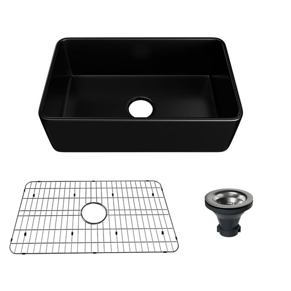 CASAINC 30" Fireclay Single Bowl Farmhouse Apron Kitchen Sink with Grid and Strainer, Black