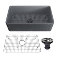 thumbnail image 1 of CASAINC Fireclay 33 in. Striped Design Reversible Installation Single Bowl Farmhouse Apron Kitchen Sink with Grid and Strainer, 1 of 9