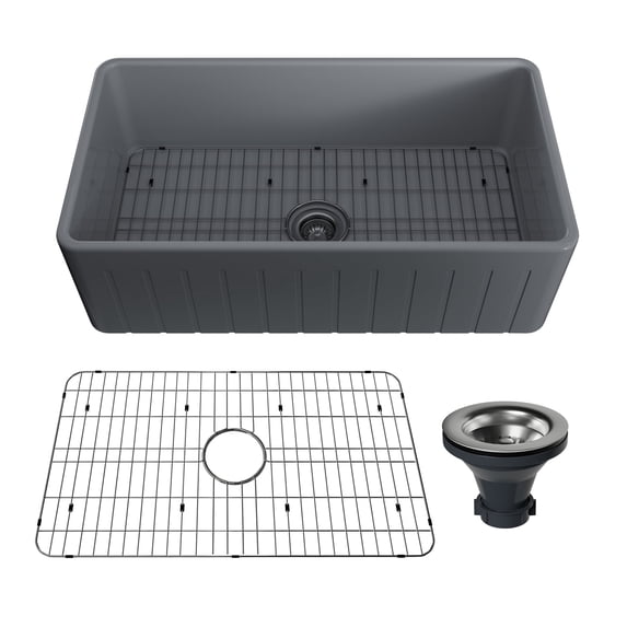 CASAINC Fireclay 33 in. Striped Design Reversible Installation Single Bowl Farmhouse Apron Kitchen Sink with Grid and Strainer