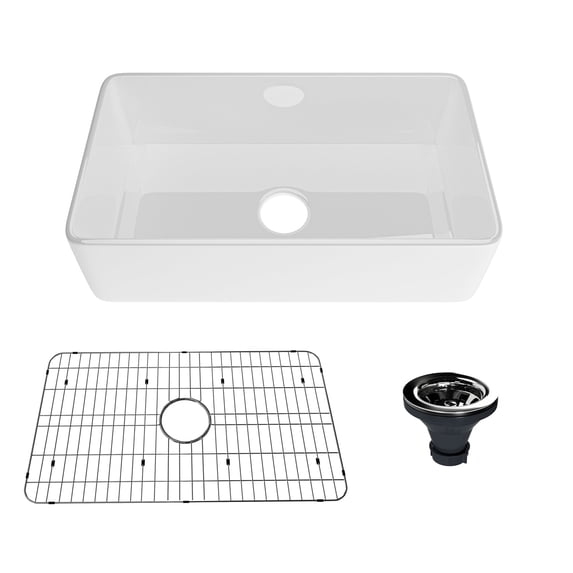 CASAINC 33" Fireclay Single Bowl Farmhouse Apron Workstation Kitchen Sink with Bottom Grid and Strainer, Glossy White