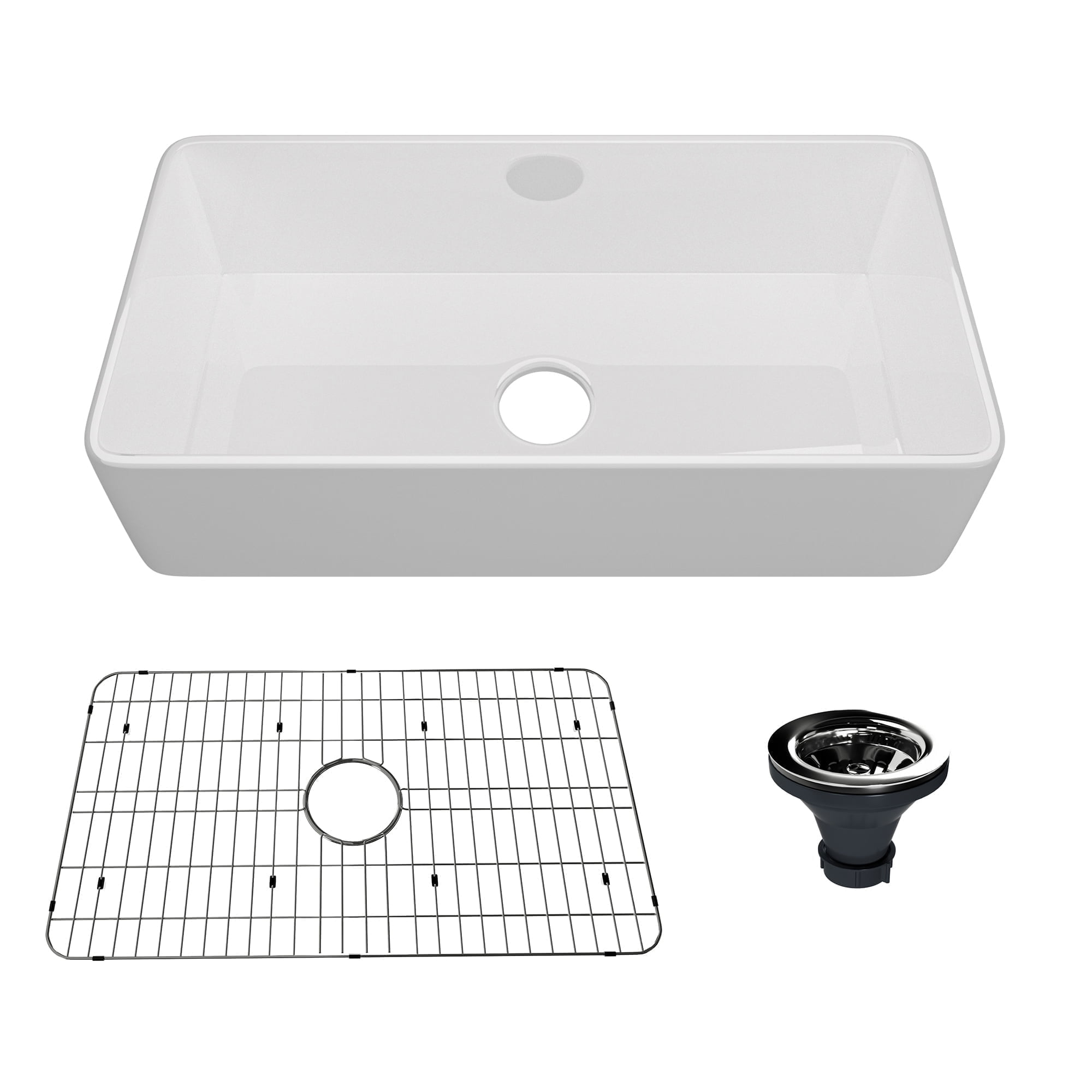CASAINC 36" Fireclay Single Bowl Farmhouse Apron Kitchen Sink with Bottom Grid and Strainer, Glossy White