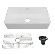 CASAINC 36" Fireclay Single Bowl Farmhouse Apron Kitchen Sink with Bottom Grid and Strainer, Glossy White