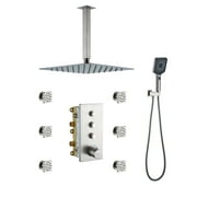 CASAINC Luxury Thermostatic 3-Spray Patterns 12 in. Flush Ceiling Mount Rainfall Dual Shower Heads with 6-Jets in Brushed Nickel