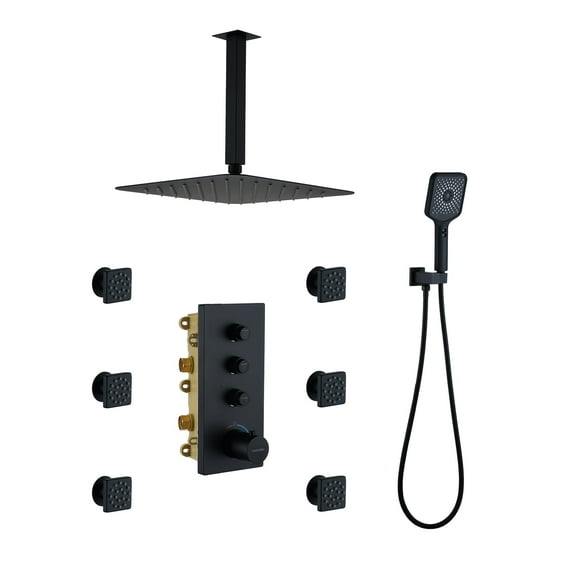 CASAINC Luxury Thermostatic 3-Spray Patterns 12 in. Flush Ceiling Mount Rainfall Dual Shower Heads with 6-Jets in Matte Black
