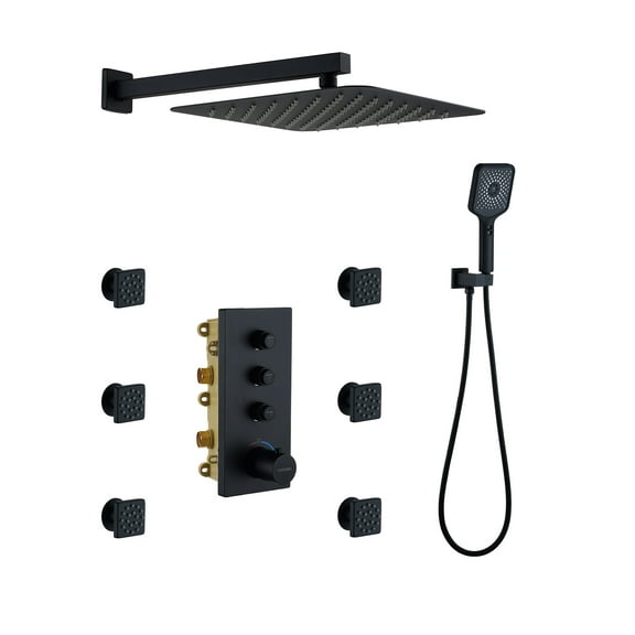 CASAINC Luxury Thermostatic 3-Spray Patterns 12 in. Flush Wall Mount Rainfall Dual Shower Heads with 6-Jets in Matte Black