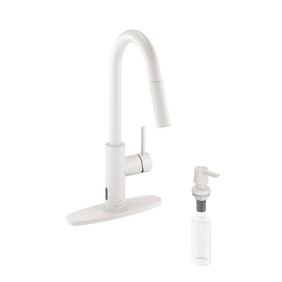 CASAINC Single Handle Kitchen Faucet with Pull Down Sprayer, Touchless Sensor, Soap Dispenser, Deck Mounted, Matte White
