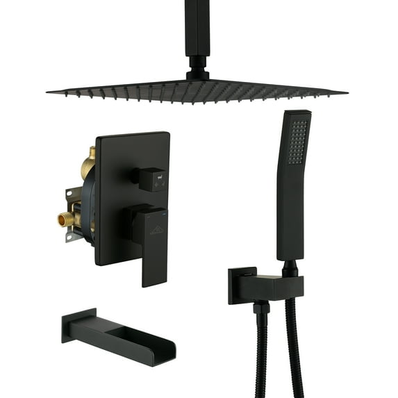 CASAINC Single-Handle 1-Spray Patterns 12 in. Ceiling Mount Tub and Shower Faucet in Matte Black (Valve Included)