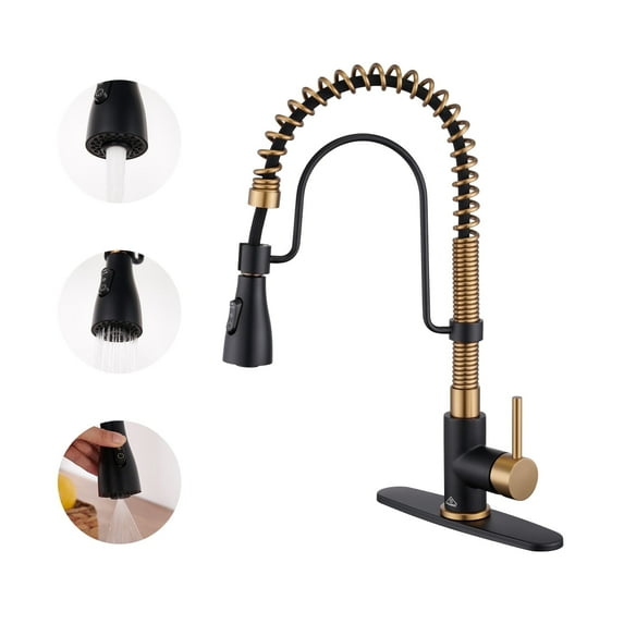 CASAINC Single Handle Kitchen Faucet with Pull Down Sprayer, Deck Mounted, Matte Black and Brushed Gold