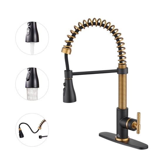 CASAINC Single Handle Kitchen Faucet with Pull Down Sprayer, Deck Mounted, Matte Black and Brushed Gold