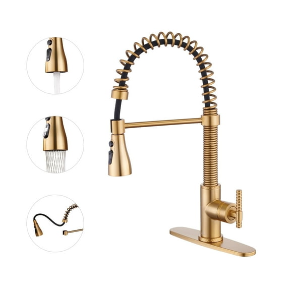 CASAINC Single Handle Kitchen Faucet with Pull Down Sprayer, Deck Mounted, Brushed Gold