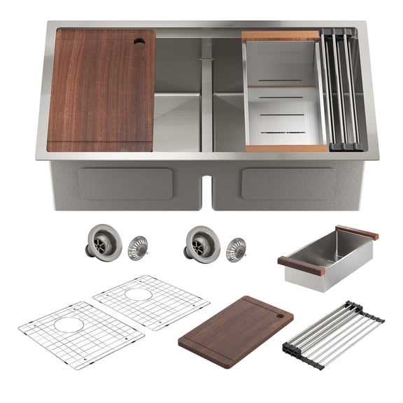 CASAINC 33" Stainless Steel Double Bowl Undermount Workstation Kitchen Sink with Accessories, Brushed Stainless Steel