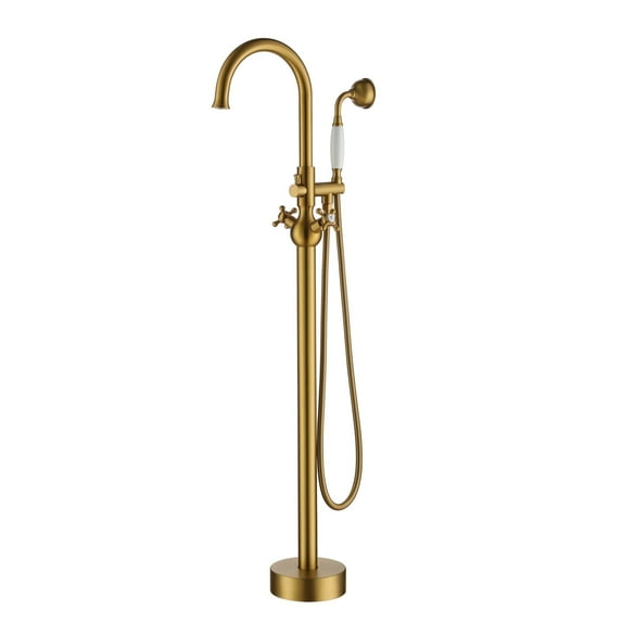 CASAINC Vintage 2-Handle Floor-Mount Buthtub Freestanding Roman Tub Faucet in Brushed Brass