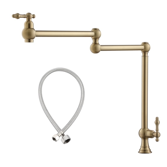 CASAINC Vintage Deck Mount Pot Filler Kitchen Faucet, with Folding Stretchable Double Joint Swing Arms in Brass Brushed Gold
