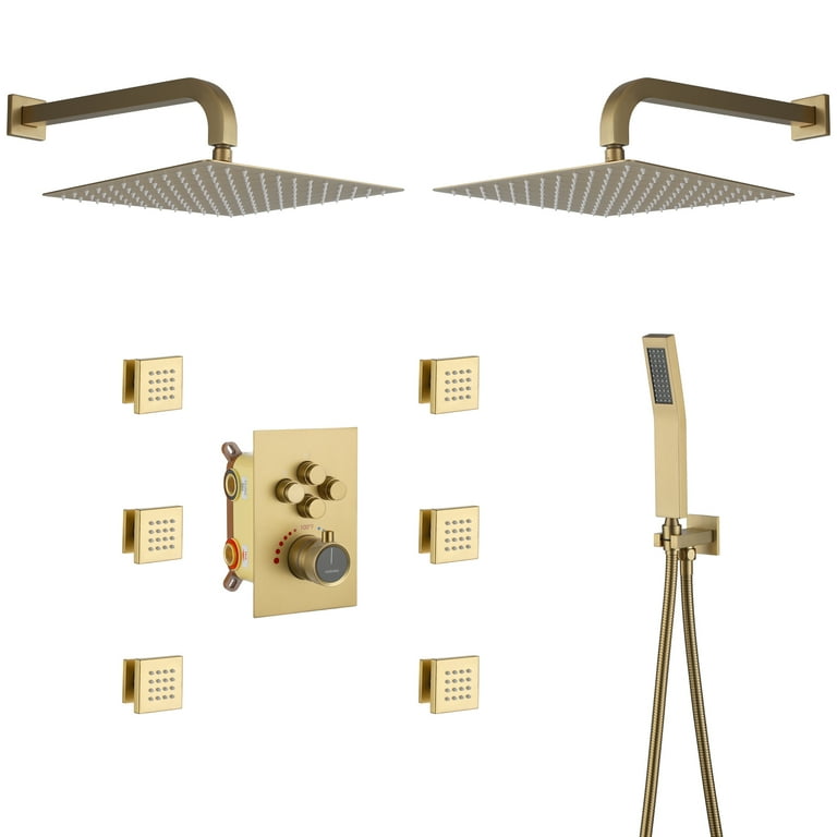 1-Spray Patterns with 1.8 GPM 8 in. Wall Mount Dual Shower Heads, Hand Shower and 4 Body Sprays in Brushed Nickel 1-Spray Patterns with 1.8 GPM 8 in. Wall Mount Dual Shower Heads, Hand Shower and 4 Body Sprays in Brushed Nickel