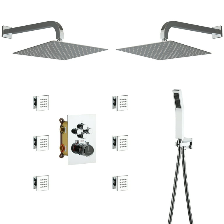 1-Spray Patterns with 1.8 GPM 8 in. Wall Mount Dual Shower Heads, Hand Shower and 4 Body Sprays in Brushed Nickel 1-Spray Patterns with 1.8 GPM 8 in. Wall Mount Dual Shower Heads, Hand Shower and 4 Body Sprays in Brushed Nickel
