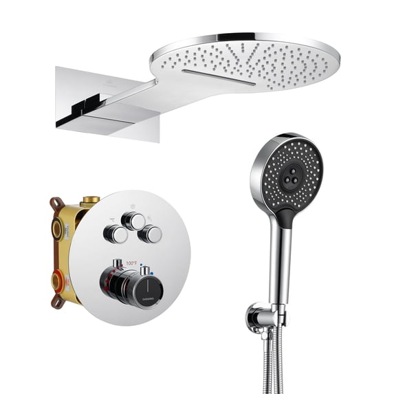 CASAINC Wall Mounted Shower Heads 3-Spray 2-function Luxury Thermostatic Dual Shower Faucet 2.5 with Waterfall Bathroom Shower System in Chrome