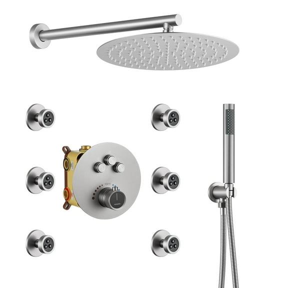CASAINC Wall Mounted Stainless Steel Shower Head Thermostatic Dual Shower Faucet in Brushed Nickel