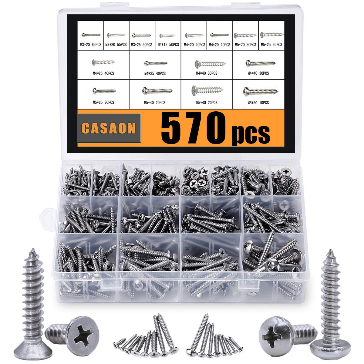 275-Piece Wood Screws Assortment Kit - M4 410 Stainless Steel, Flat Head Phillips Self-Tapping Screws For Drywall & Wood