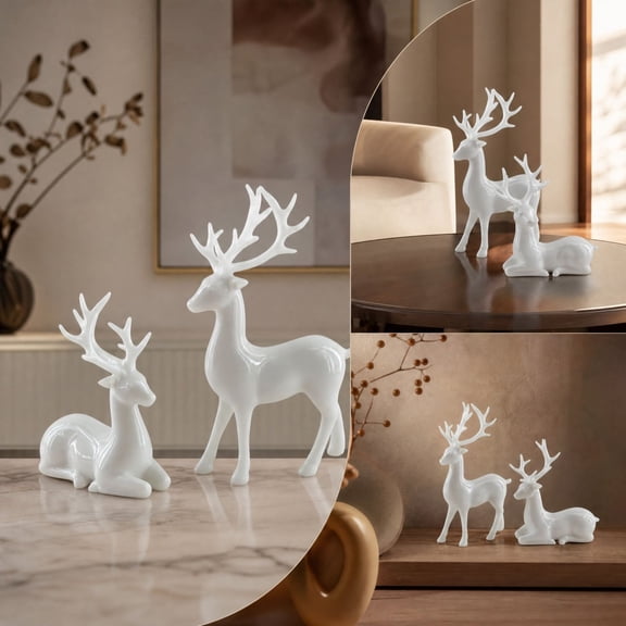 CASAVYNE 2pcs White Ceramic Reindeer Figurines, Christmas Deer Statues for Winter Holiday Tabletop Indoor Home Decoration, Mantel Shelf Decor