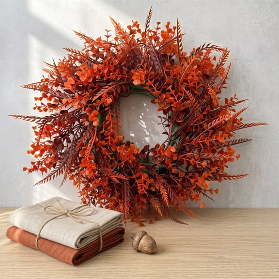 CASAVYNE Decorative Artificial Autumn Harvest Wreath With Orange Fall Leaves For Front Door Wall Window Table Centerpiece Home Seasonal Thanksgiving Decoration